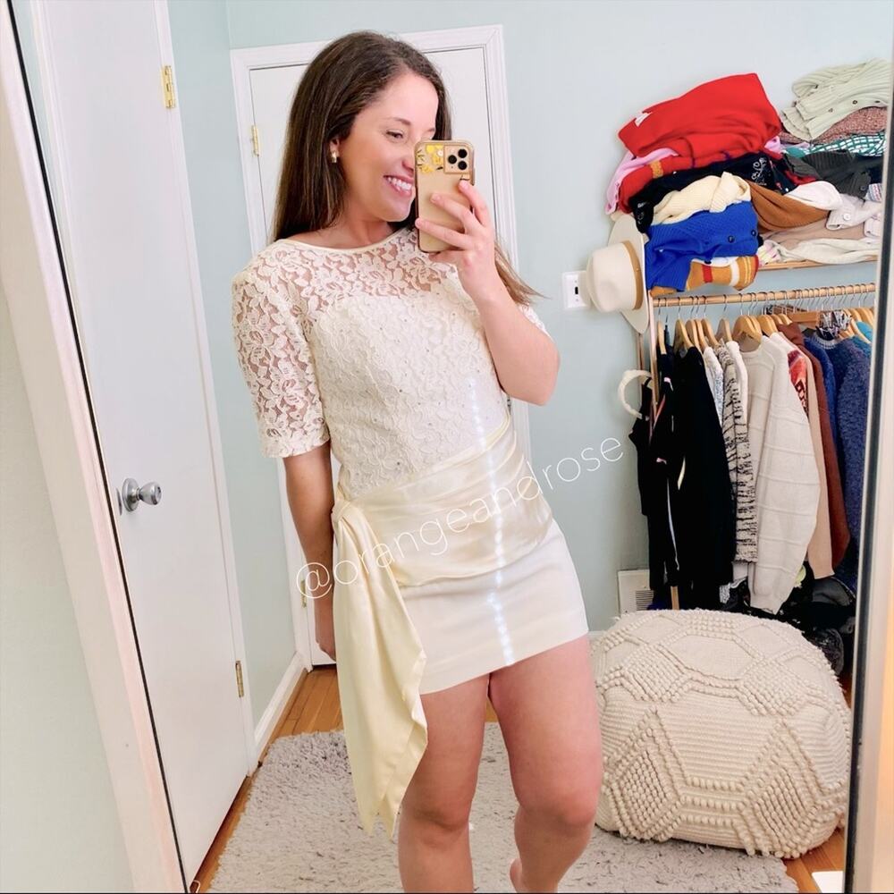 Vintage Rimini Cream White Ivory Lace Short Sleeve Bodycon Mini Dress XS